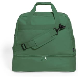 A green duffle bag with sturdy handles, an adjustable shoulder strap, and a zippered compartment, featuring a logo.