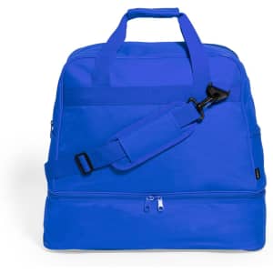 A blue duffle bag featuring a shoulder strap and handle, with zippers and a branding logo.
