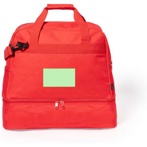 A bright red duffle bag with a front pocket and a branding logo. It features sturdy handles and a shoulder strap.