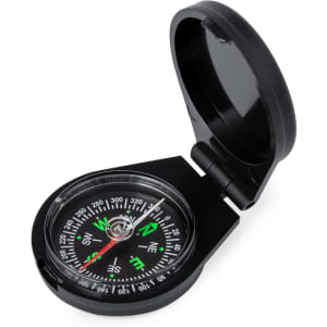 A black compass with a hinged cover, featuring a clear dial with cardinal directions marked in green and white.