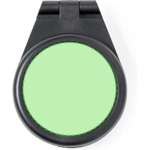 A round black compass with a green circular dial and a dotted green outline. It has a simple, sleek design.