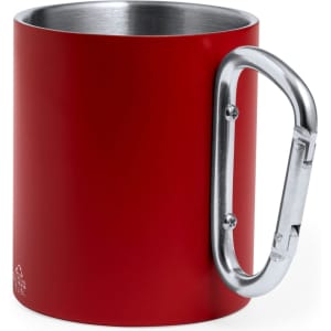 A red coffee mug with a stainless steel interior and a metal carabiner handle. It features a branding logo.