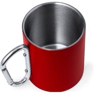 A red drinkware mug with a stainless steel interior and a carabiner handle. It includes a logo.