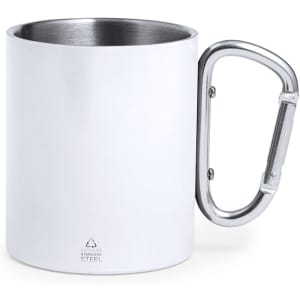 A stainless steel mug with a white exterior and a carabiner-style handle. Features a simple logo at the base.
