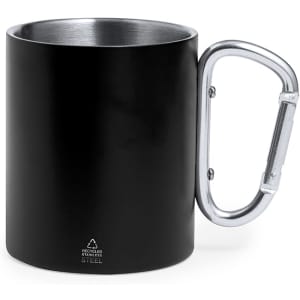 A black steel mug with a silver carabiner-style handle and a recycled materials label on the bottom.