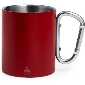 A red stainless steel mug with a silver carabiner-style handle and a logo at the base.