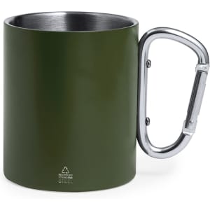 A green stainless steel mug featuring a metal carabiner-style handle and a logo on the base.