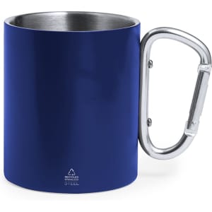 A drink mug in navy blue with a stainless steel interior and a carabiner-style handle. Features a logo on the side.