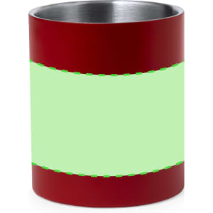 A red coffee mug with a green band around the middle and a shiny silver interior. It features a logo.