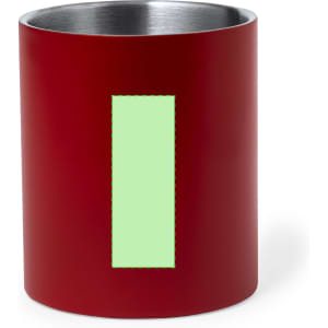 A red mug with a stainless steel interior and a rectangular green area, featuring a logo.