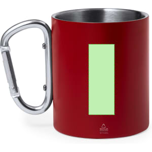 A red coffee mug with a stainless steel interior and a metal carabiner handle. Features a blank area for customization.