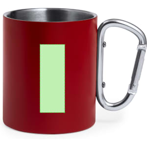 A red mug with a silver handle and a blank green space for customisation. It features a logo.