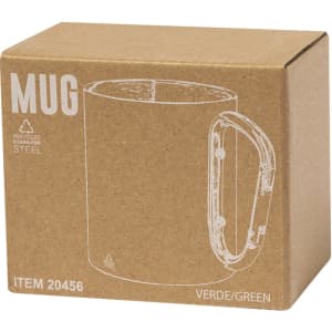 A green stainless steel mug in a cardboard box, featuring a handle design. The box has an illustrative outline of the mug.
