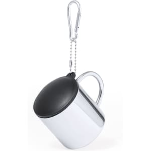 A travel mug in silver with a black lid, featuring a carabiner attachment.