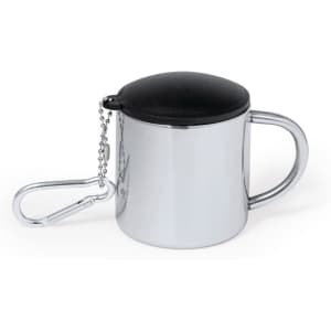 A travel mug in shiny silver with a black lid and a chain attachment. Features a handle and a carabiner.