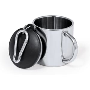 A stainless steel travel mug with a black lid and a carabiner attachment. It has a sleek, modern design.