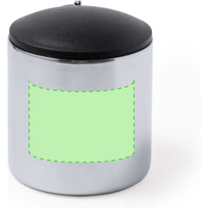A travel mug in shiny silver with a black lid and a blank green area for customisation.