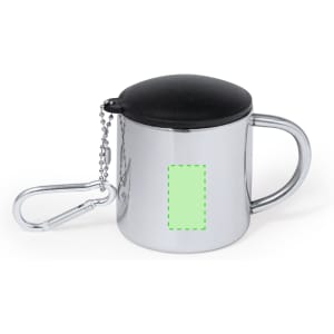 A travel mug in silver with a black lid and a carabiner attachment. It features a logo on the side.