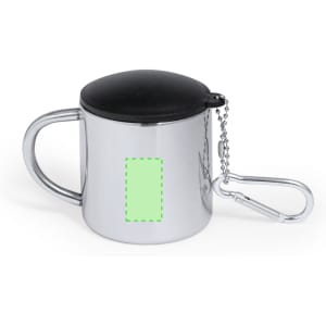 A travel mug in silver with a black lid and a carabiner attached, featuring a space for custom branding.