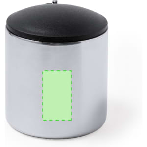 A stainless steel travel mug with a black lid, featuring a blank area for custom branding.