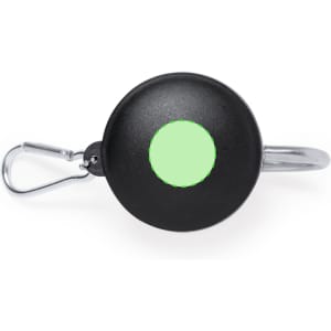 A travel mug in black with a green accent and metal clip for attaching. It has a sleek, round design.