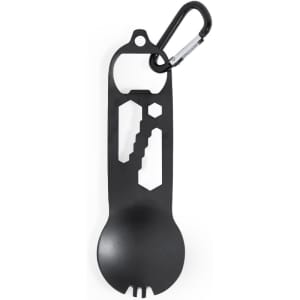 A black multitool featuring various tool shapes and a carabiner attachment for easy carrying.