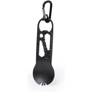 A black multitool with various measurements and a carabiner clip, designed for convenience and portability.