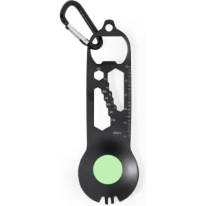 A black multitool featuring a carabiner, various measurement scales, and a green circular detail.