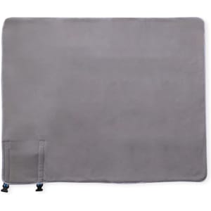 A grey picnic blanket with a soft texture and a side pocket. It features adjustable straps for easy carrying.