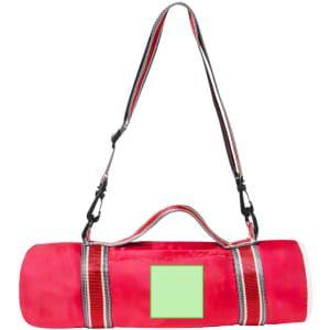A red picnic blanket rolled up with grey and white straps, featuring a blank area for customisation.