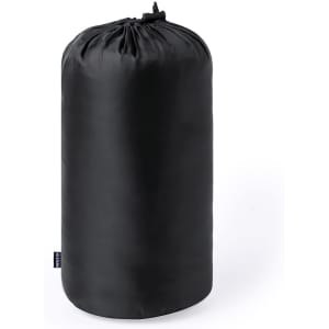 A black cylindrical storage bag with a drawstring closure, suitable for outdoor use. It features a logo.