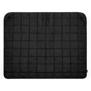 A black picnic blanket with a quilted pattern and a branding logo. Ideal for outdoor leisure activities.