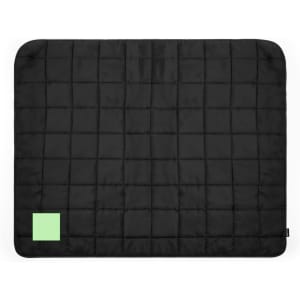 A black picnic blanket with a quilted pattern and a small green square logo in one corner.