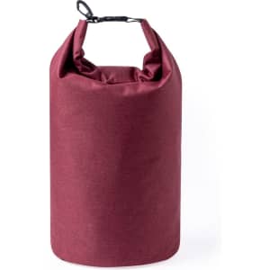 A maroon dry bag with a cinch top and a secure clip, featuring a logo on its surface.