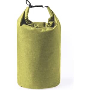 A dry bag in a vibrant green hue with a secure closure and a loop for carrying. It features a logo.