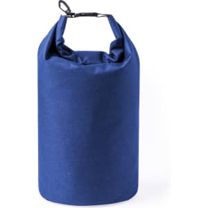 A blue Veronia Bag with a roll-top closure and a clip for secure carrying. It features a logo on the surface.