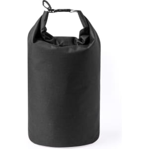 A black dry bag with a roll-top closure and a clip for securing. It features a sturdy design and has a logo.
