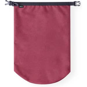 A burgundy dry bag with a secure closure and a branding logo at the top.