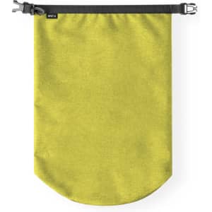 A dry bag in a vibrant yellow colour with a black fastener and a logo.