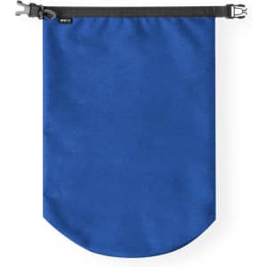 A blue dry bag with a black strap and buckle closure, featuring a logo.