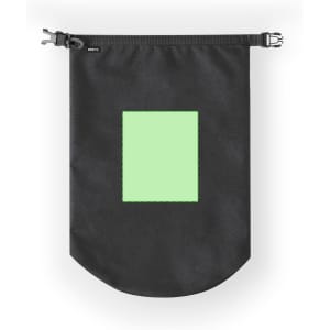 A black dry bag featuring a light green rectangular area and a logo at the top.