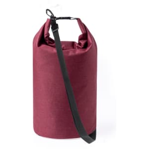 A maroon dry bag with a secure closure and adjustable strap. The bag features a durable fabric and has a logo.