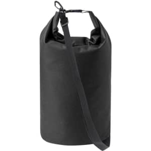A black dry bag with a strap and clip closure, featuring a textured exterior and a cylindrical shape.