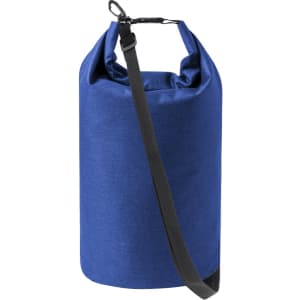 A blue dry bag with a secure top closure and an adjustable strap. It features a brand logo.
