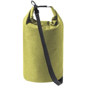 A green dry bag with a shoulder strap and a clip closure, featuring a simple design.