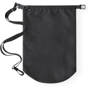 A black dry bag with a shoulder strap and a cinch closure, featuring a logo on the front.