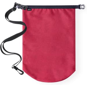 A red dry bag with a black adjustable strap and a secure closure mechanism, featuring a logo.