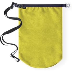 A yellow dry bag with a black shoulder strap and a clip, featuring a logo at the top.