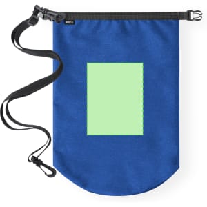 A blue dry bag with a green rectangular area and a black strap. Features a logo on the top.