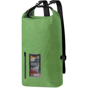A green Ardentix Backpack featuring a transparent phone pocket and adjustable straps. Includes one logo.